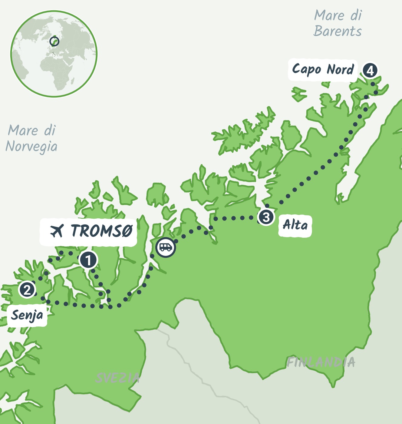 Mappa del viaggio Norvegia: da Tromso a Capo Nord