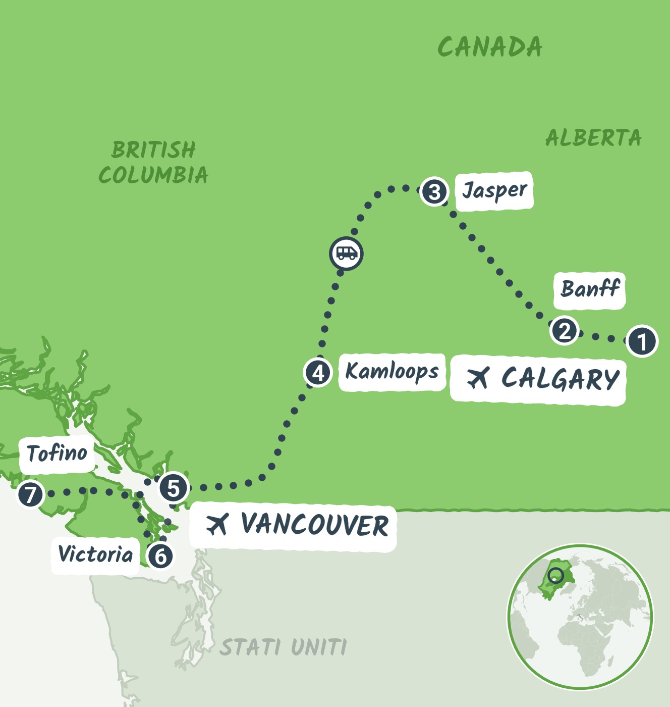Mappa del viaggio Canada: Alberta e British Columbia