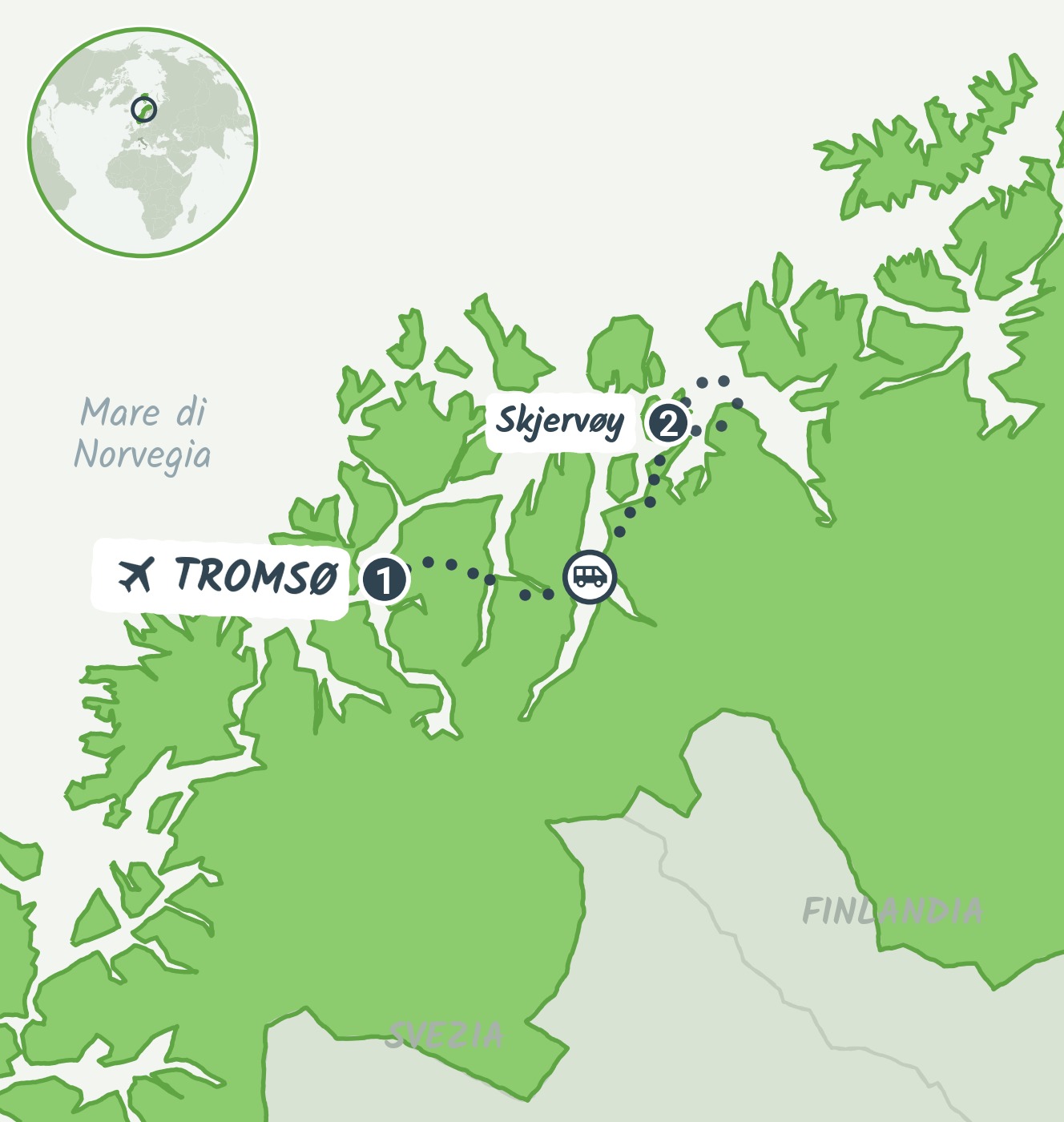 Mappa del viaggio Norvegia: nuotiamo con le orche